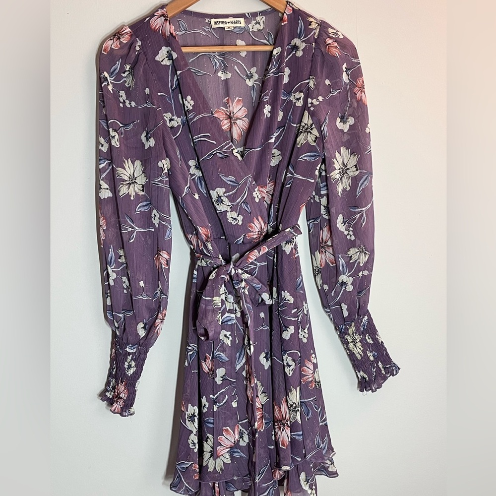 Inspired Hearts Lavender Floral Wrap Mini Dress